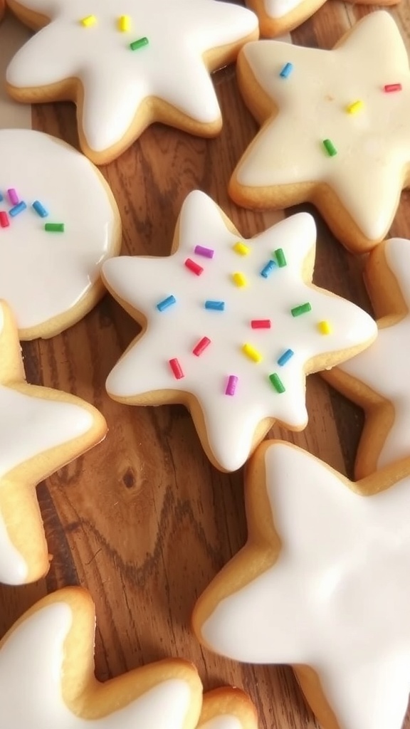 Decorated cookies with glossy white glaze and colorful sprinkles on a wooden table.